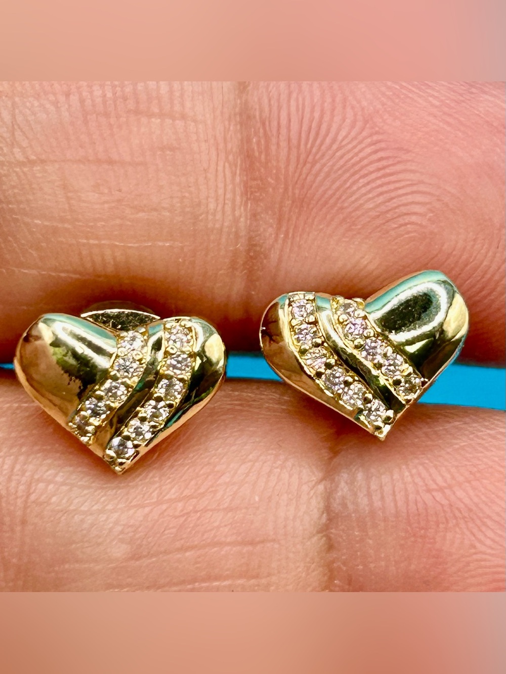 14K Gold Plated Heart Stud Earrings with Crystal Stripe - Women's Jewelry